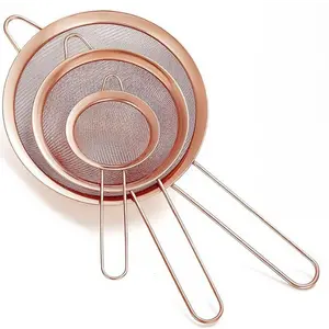 Rose Gold Fine Mesh Strainer 3 Pieces Set, Copper Flour Sifter For Baking, Stainless Steel Clander