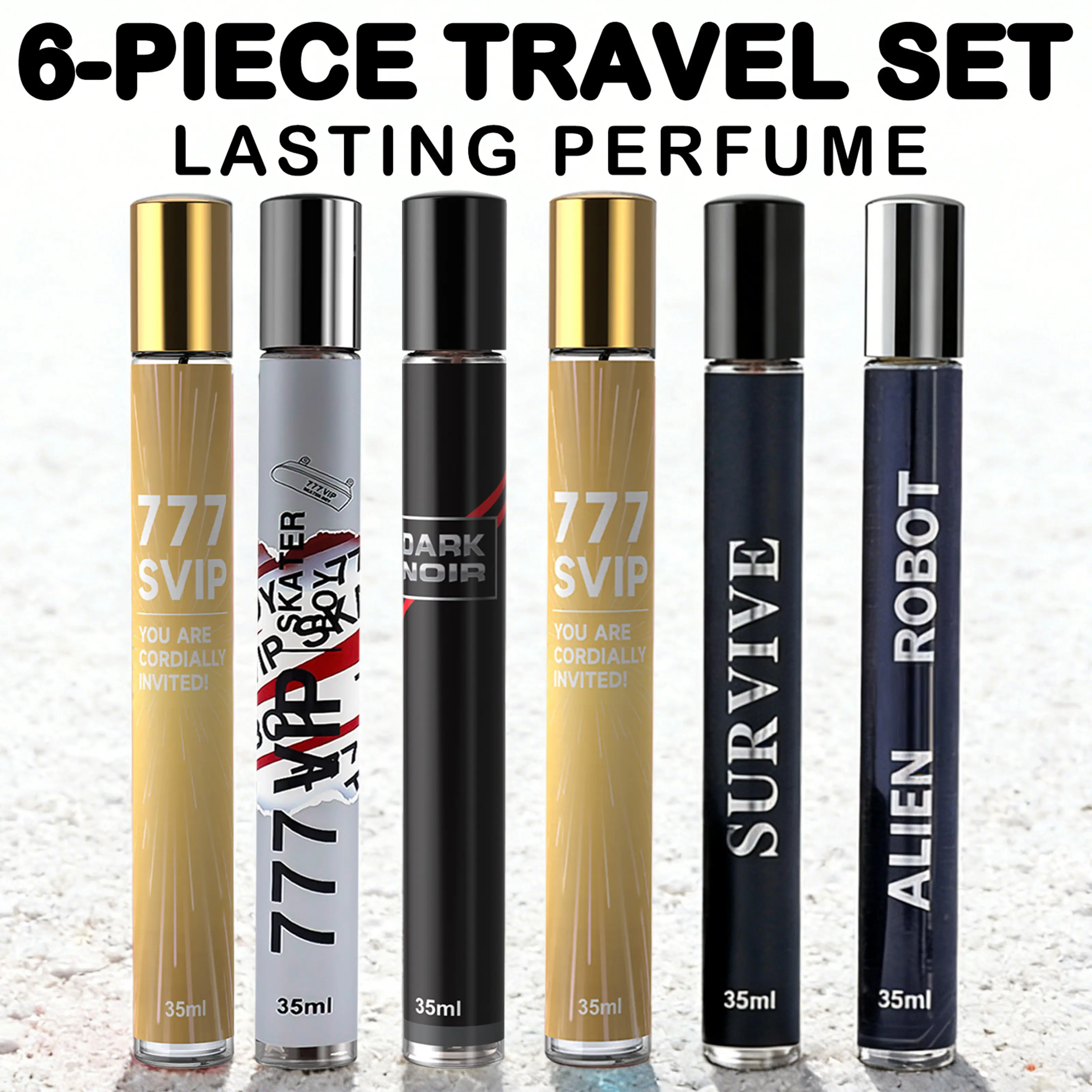 6 Pack Men's Portable Perfume | 6 PACK Total：7.1 OZ / 210 ML | 35ML Each | 6 Scents: Citrus/Woody/Marine/Fougere/Leather/Spicy | Compact & Portable, Different Scent Every Day, Perfect for Commute & Dates, Gift for Him