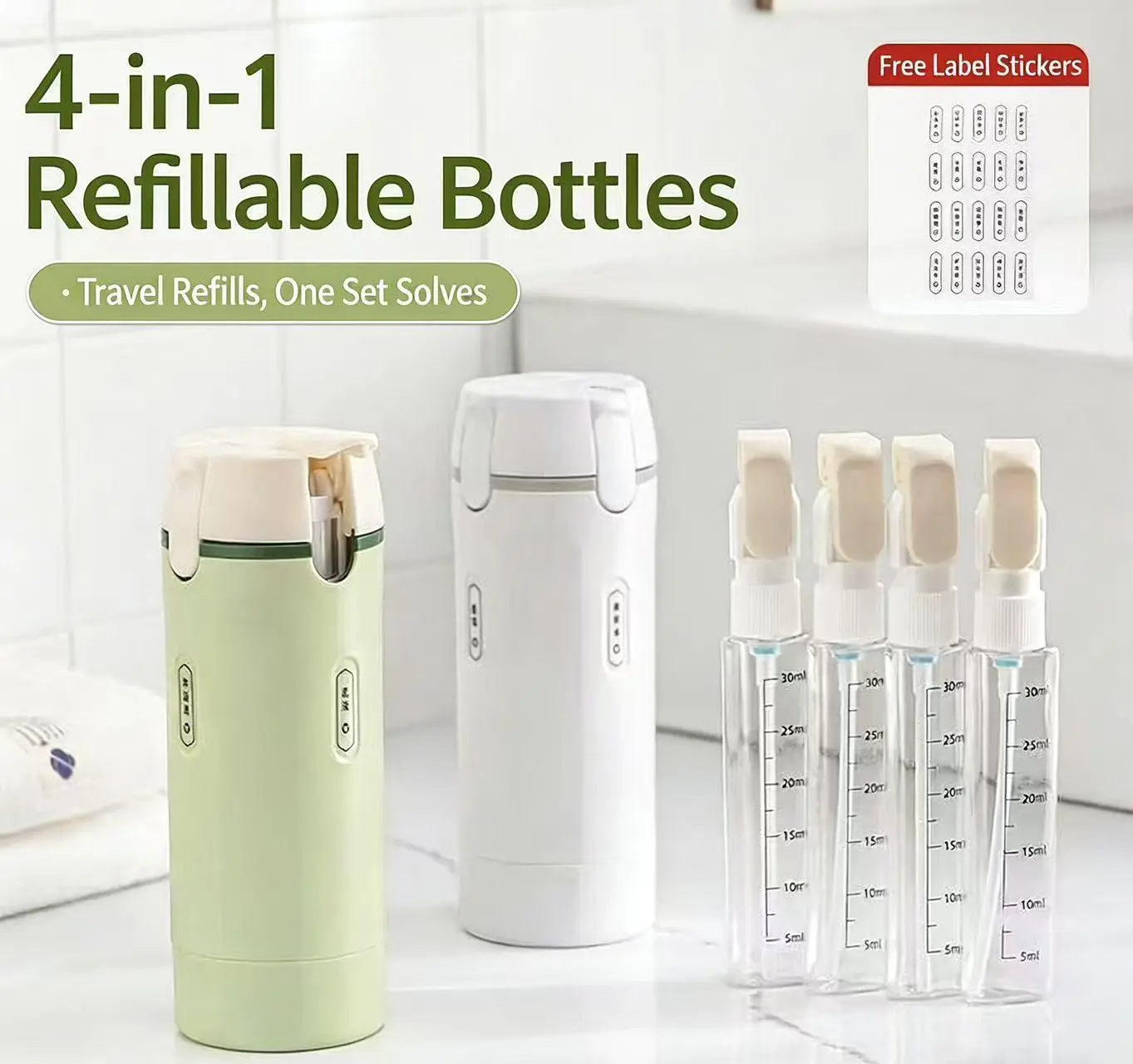 4-in-1 Portable Cosmetic Shampoo Dispenser Storage Bottle – Plastic, Travel-Friendly, Compact Design for Easy Carrying