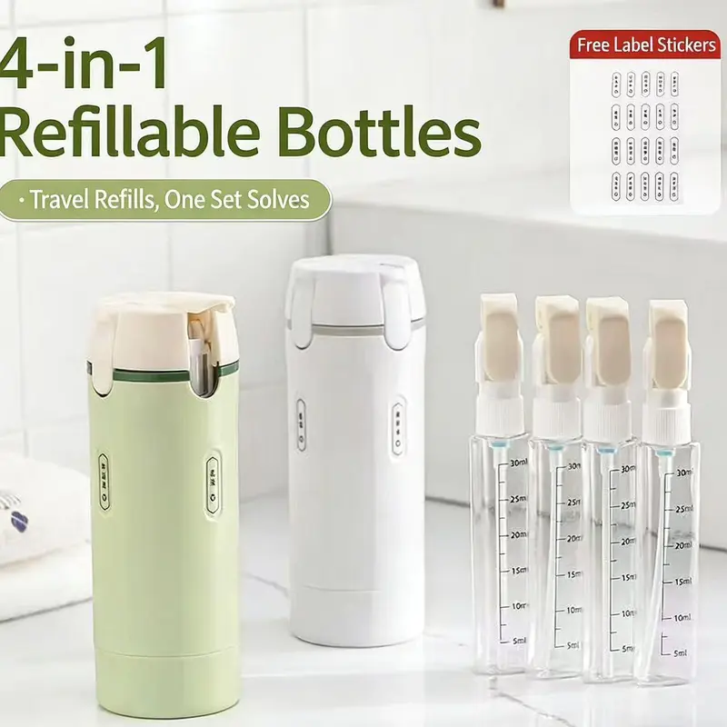 4-in-1 Portable Plastic Dispenser Bottle Travel Kit, Compact Refillable Shampoo & Cosmetic Storage Canister with Lids, Empty Bottles for On-the-Go Use, Bathroom & Outdoor Needs