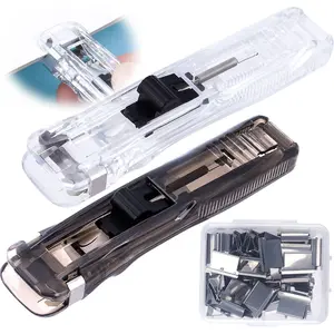 2pcs Binder Clips Dispenser, Plastic Push Stapler with Metal Refill Clips, Reusable Binder Paperclip Clamp for Home Office Document Supplies- Clear & Black