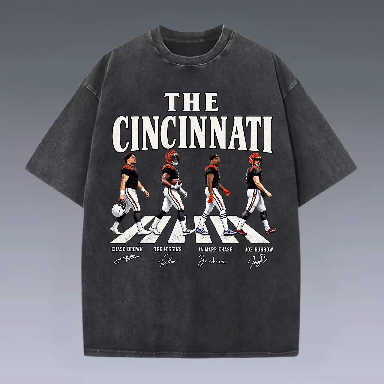 Cincinnati Walking Road Football Washed & Comfort Color T-Shirt, Joe Burrow Ja Marr Chase shirt, Cincinnati Football merch, Game Day Shirt, Football Tee clothes, men's clothing clothes merch, Streetwear, Gift For Him & Her