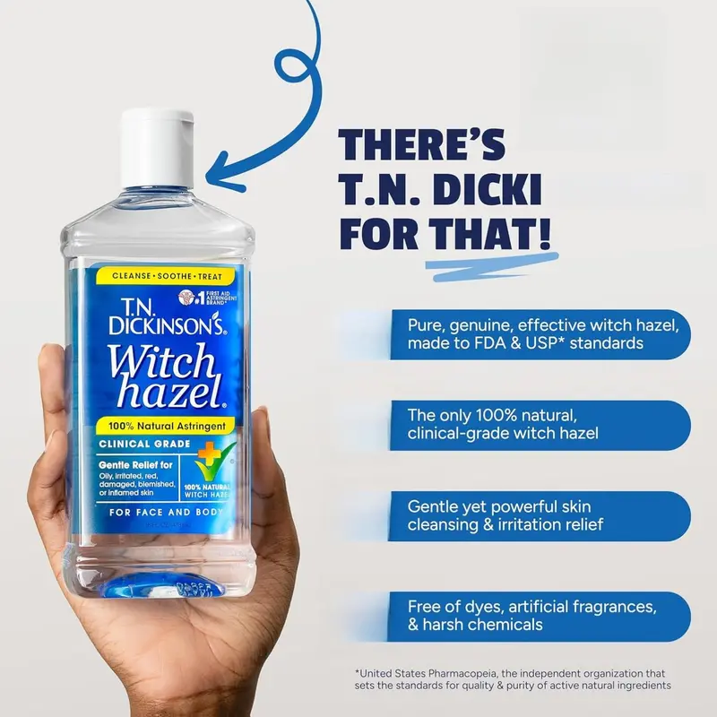 T.N. Dickinson's Witch Hazel 100% Natural Astringent | Pure Witch Hazel | Fragrance Free | Cleanses & Soothes Skin | For Face & Body | Clinical Grade | 8 Fl Oz