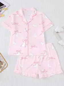 Easter Cartoon Rabbit Print Pajama Set, Pjs, Nightwear, Loungewear, Fire Retardant Fitted Button Front Short Sleeve Top and Loose Elastic Waist Shorts