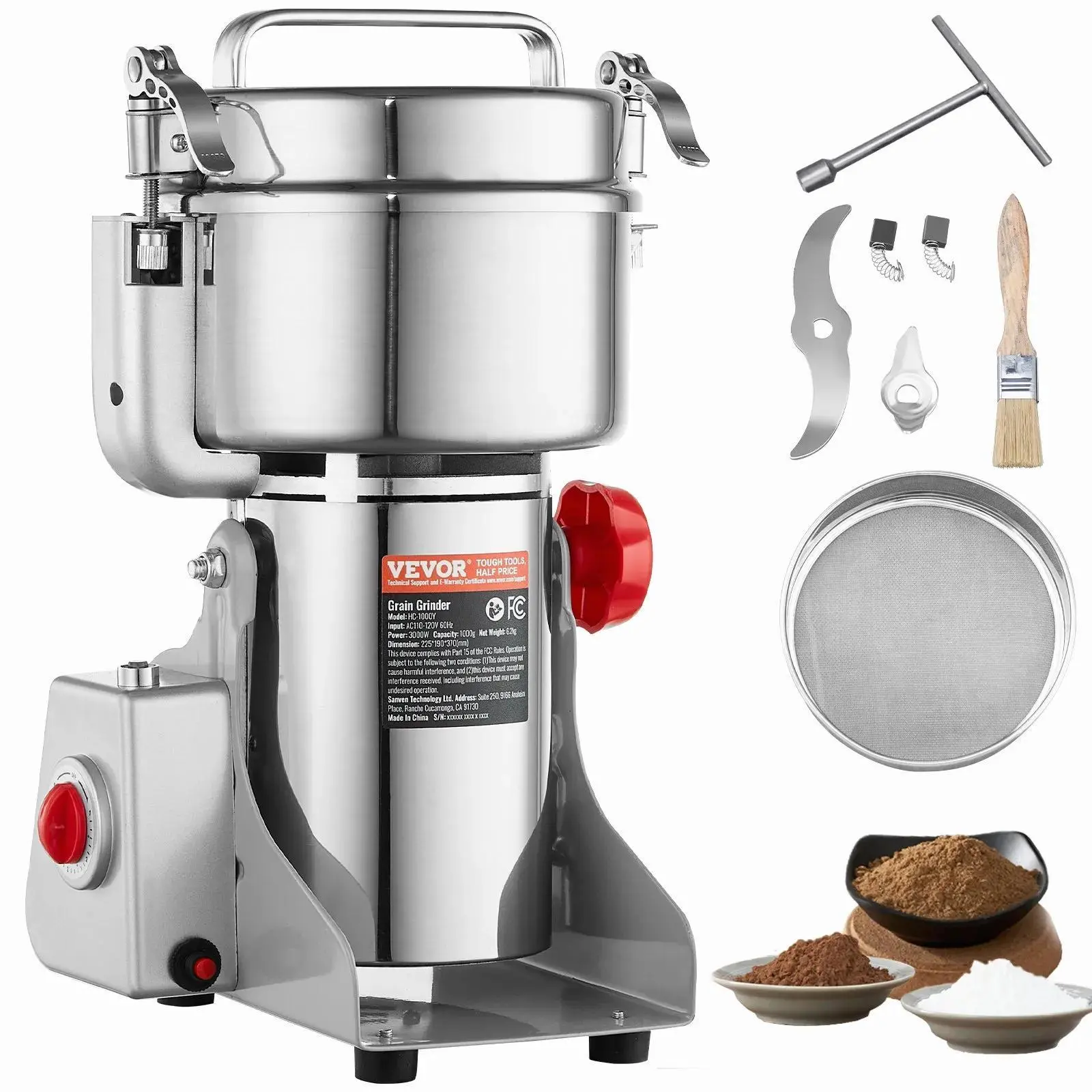 【Summerfinds】VEVOR 1000g Electric Grain Mill Grinder,  High Speed 3000W Commercial Spice Grinders, Stainless Steel Pulverizer Powder Machine, for Dry Grains Spices Cereals Coffee Corn Pepper, Swing Type