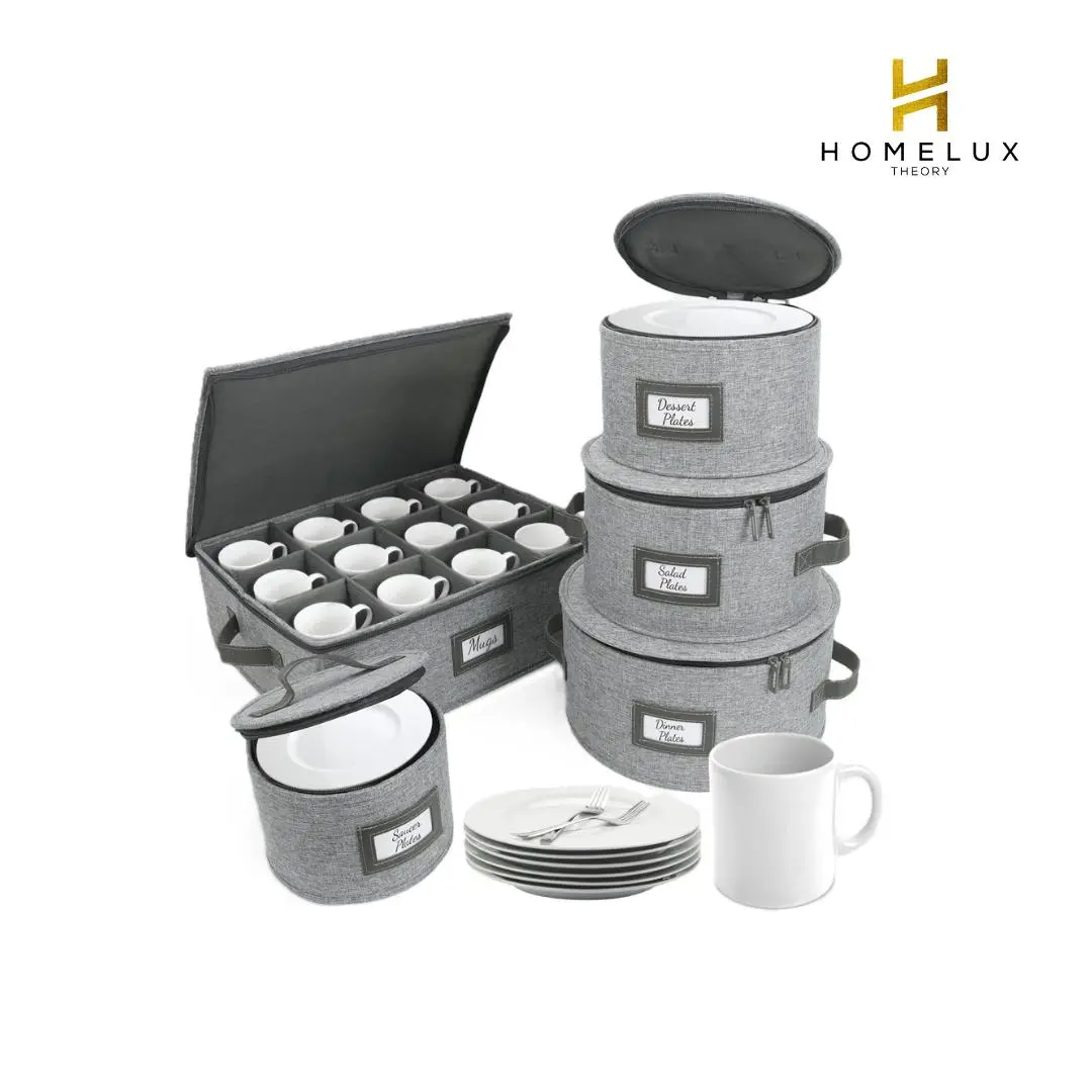 5PC Dish Storage Containers Set for Plates, Mugs & Glassware – Hard Shell China Storage Containers with Plate Storage Boxes & Mug Storage Box with Lid | Homelux Theory