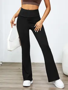 Women's Groove Plain High Waist Wide Band Flare Leg Sports Leggings, Sporty High Stretch Bell Bottom Trousers for Yoga Gym, Ladies Sportswear, Women Sport & Outdoor Clothing, Activewear, Gym Workout Leggings