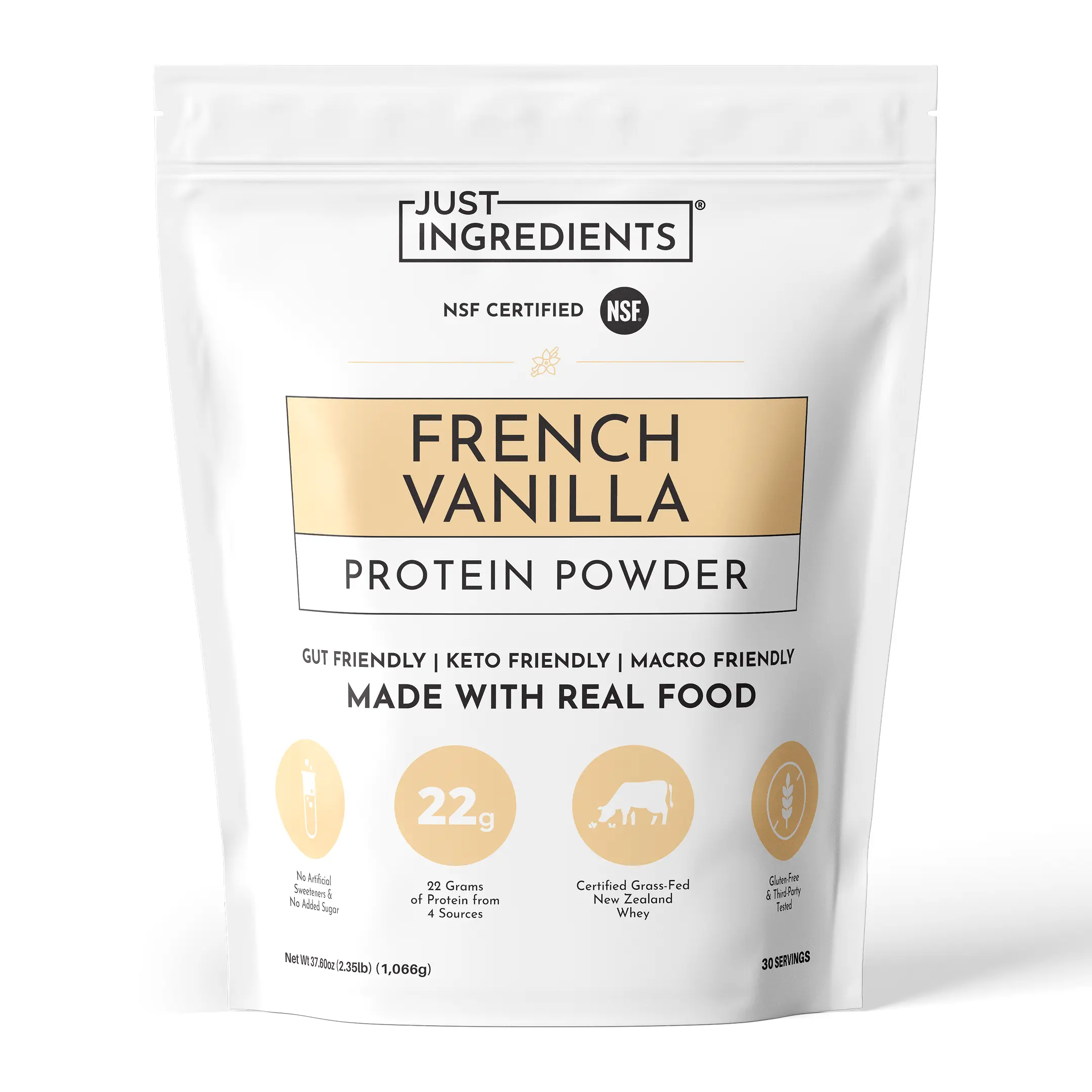 Just Ingredients French Vanilla Protein Powder - 30 Servings - Supports Muscle Recovery & Energy* - Grass-Fed Whey & Plant Proteins - 22g Protein Per Serving - Gluten-Free - Made with Real Food - No Added Sugar