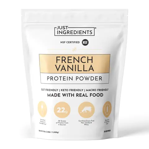 Just Ingredients French Vanilla Protein Powder - 30 Servings - Supports Muscle Recovery & Energy* - Grass-Fed Whey & Plant Proteins - 22g Protein Per Serving - Gluten-Free - Made with Real Food - No Added Sugar