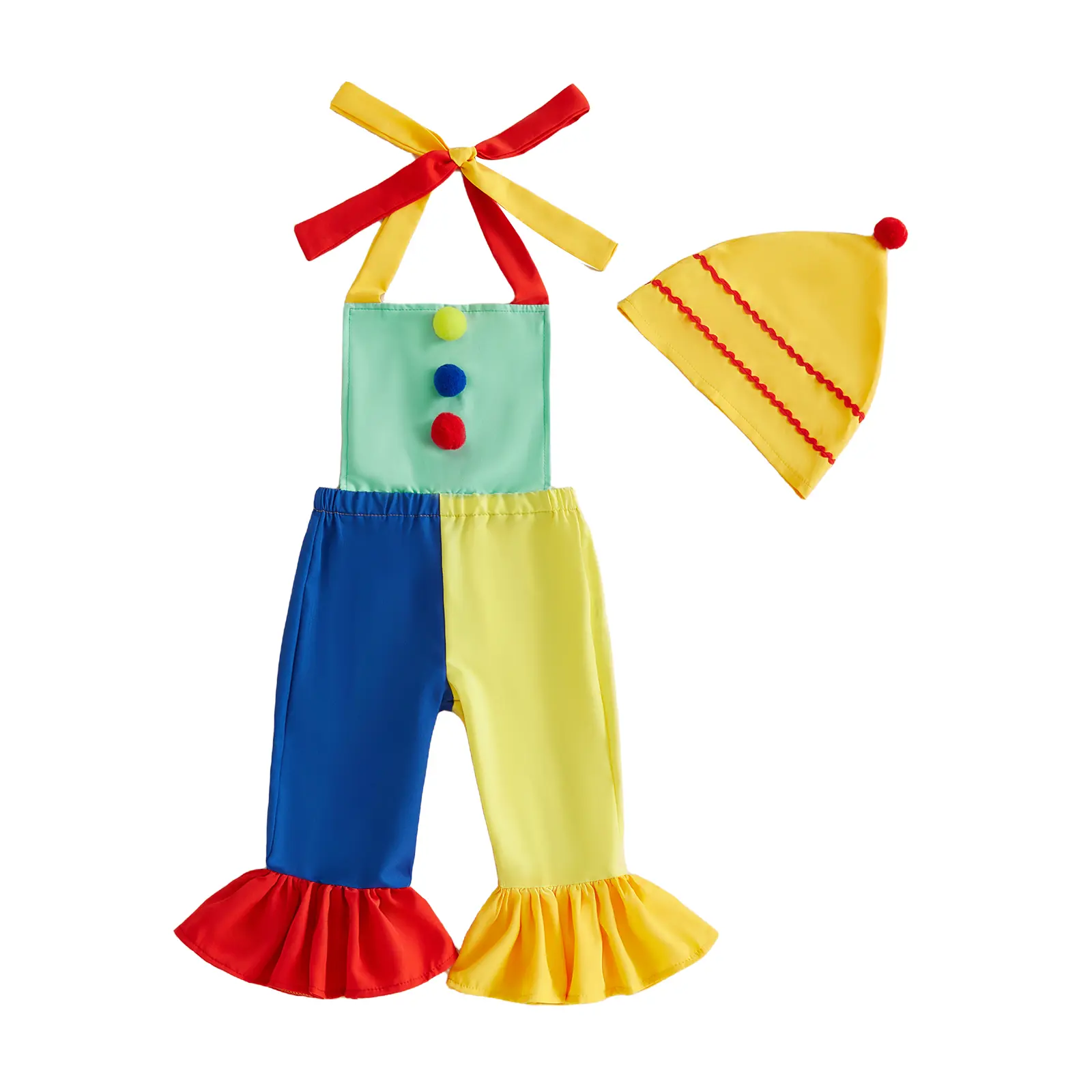 Toddler Baby Little Girl Halloween Clown Costume Sleeveless Bell Bottoms Jumpsuit Hat Set Fall Winter 1-5 Years