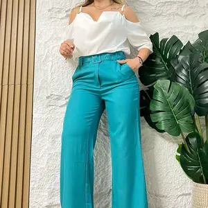 Casual Colombian Sets - Women's Casual Top & High-Waisted Pants Set in Turquoise for Comfortable Wear - Clothes, Short, Suits, Womenswear