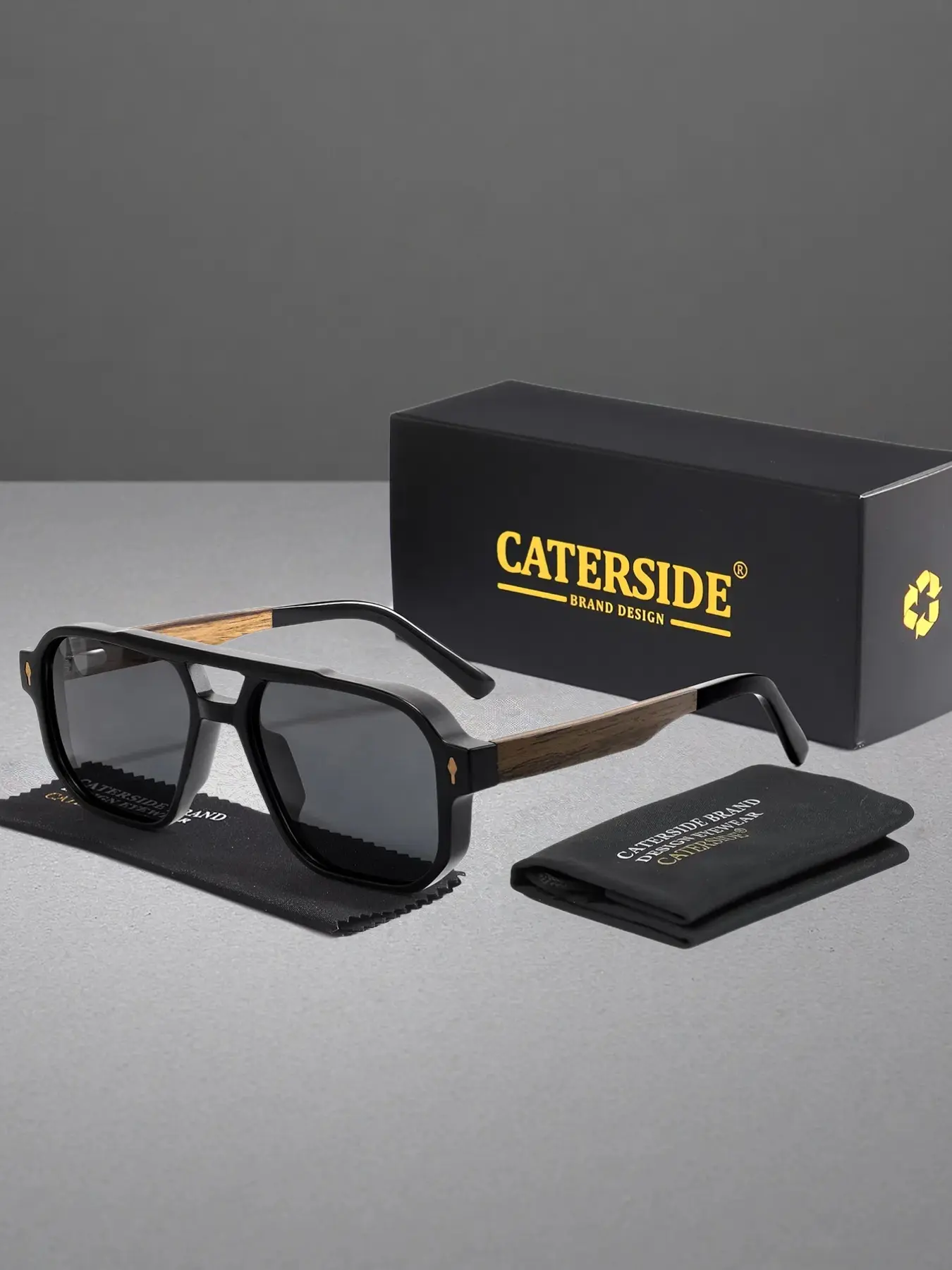 CATERSIDE One Pair With Packaging Niche Advanced Retro Glasses Featured Square Frame and Double Bridge Design Wood Temples Spring Hinge Unisex Suitable for Travel, Beach, Driving, Cycling, Music Festivals, and Seaside Weddings Trendy Vintage Sunglasses
