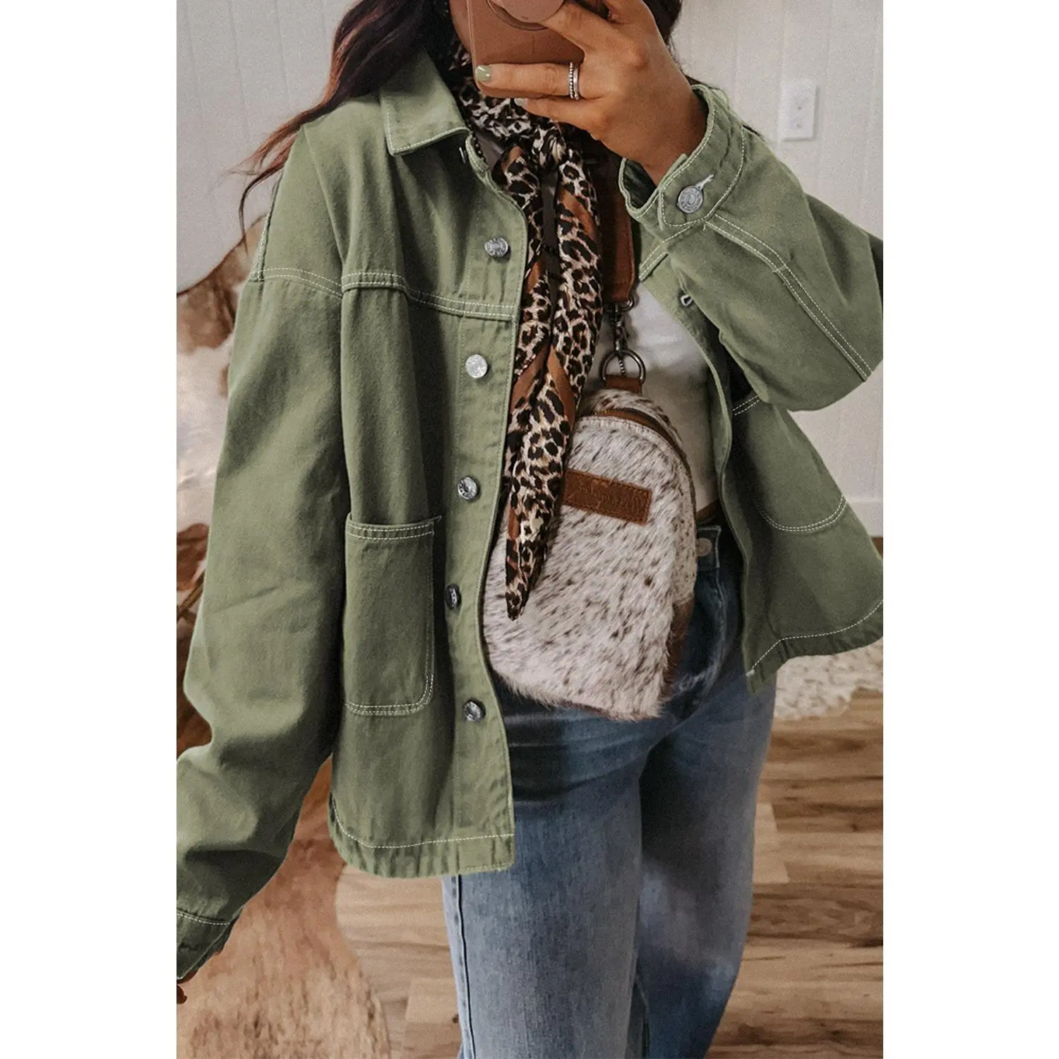Smoke Green Patched Pocket Collared Button Front Boyfriend Denim Jacket
