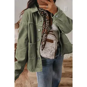 Smoke Green Patched Pocket Collared Button Front Boyfriend Denim Jacket