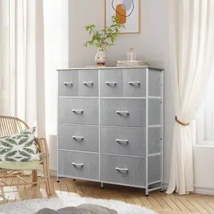 Rustic Brown Wood Grain Print Wall-Mounted Floating Dresser - 10-Drawer Wide Fabric Storage Organizer for Bedroom, Living Room