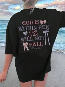 God Is Within Her She Will Not Fall Psalm 46:5 Graphic T-Shirt, Coquette Christian Faith Bow Print Tee, Oversized Comfort Colors Shirt, Retro Religious Spiritual Short Sleeve Top, Cute Bible Verse Cotton Tee for Church Wear and Christian Gift Giving