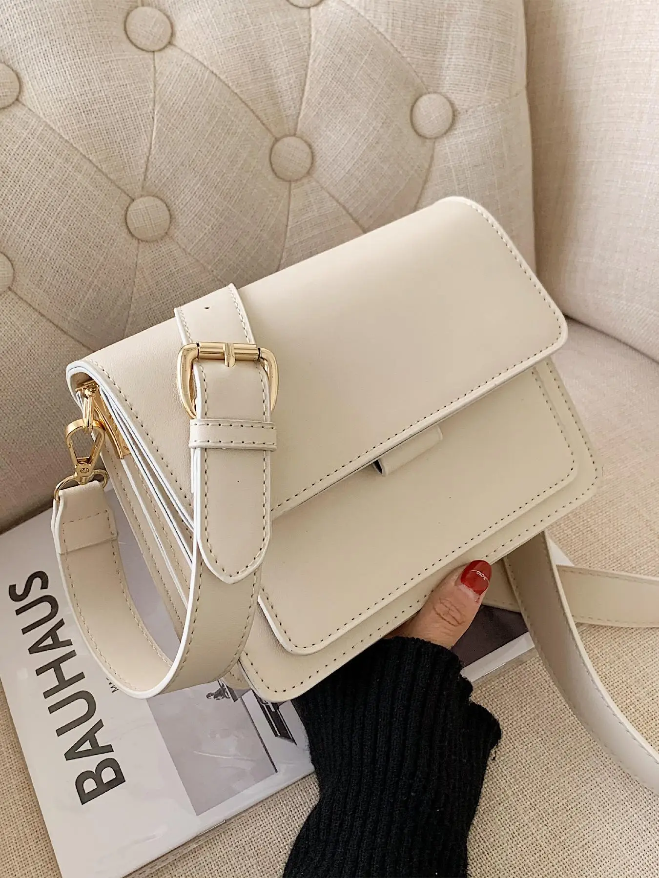 Women's Fashion Plain PU Leather Shoulder Bag, Casual Versatile Solid Color Crossbody Bag, Trendy All-match Adjustable Strap Flap Square Bag