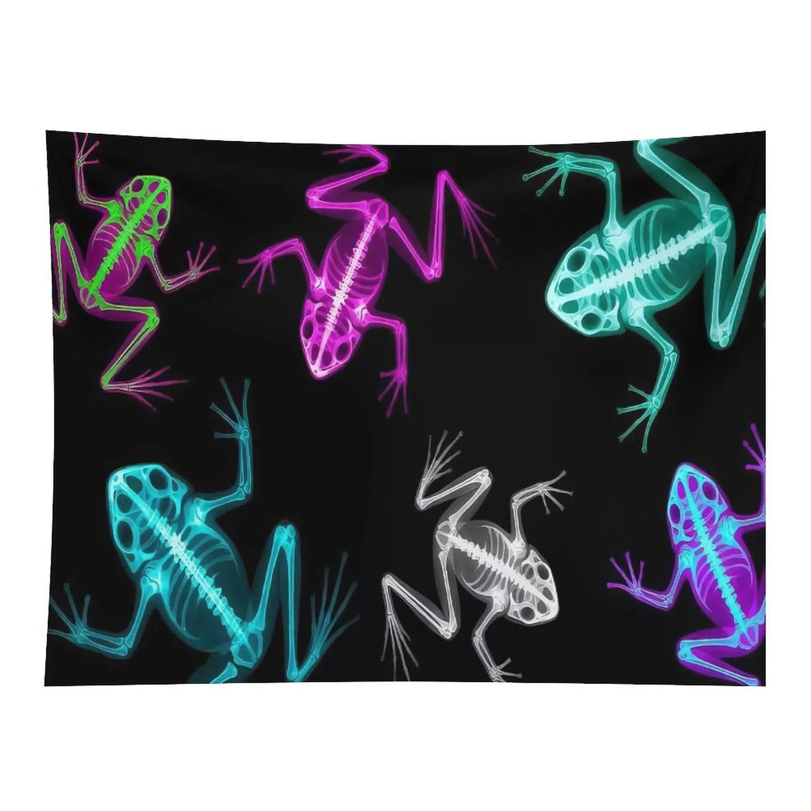 Neon Color Frog Skeleton X-Ray Black Background Wall Tapestry Wall Hanging, Weird Edgy Psychedelic Amphibian Bone Pattern Decor for Alt Bedroom Goth Dorm Backdrop
