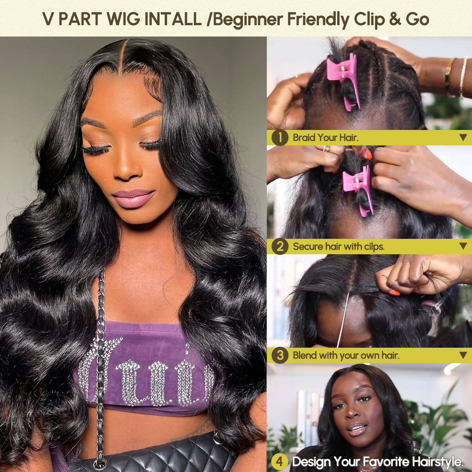 [V Part]Bling Hair V Part Wig Human Hair Body Wave Human Hair Wig With Clips Brazilian 100% Human Hair VPart Wigs Human Hair For Black Women Glueless Beginner Friendly Deep Wave