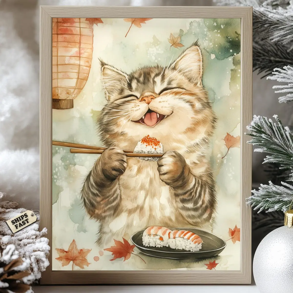 Happy Sushi Cat Poster – Cute Japanese Food Art Print, Kawaii Tabby Cat Wall Decor, Whimsical Kitchen Artwork, Unframed