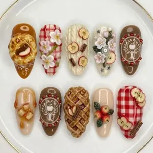Sweet Apple Pie Press On Nails 3D Sculpted Fruit Gingham Art Cozy Autumn Cottagecore Nails