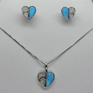 Brand New Sterling Silver 925 Heart blue opal Set Earrings and Necklace