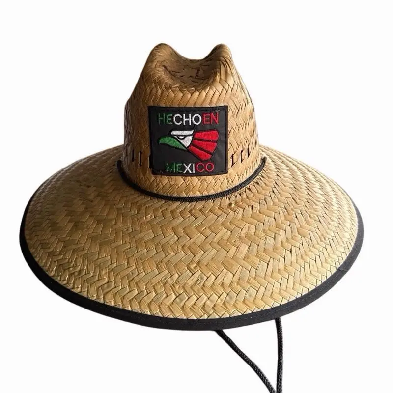 Wide Brim PALM Straw Hat with Patch | Vaquero Sombrero | Sun Protection Beach Hat| ONE SIZE FITS MOST/ALL
