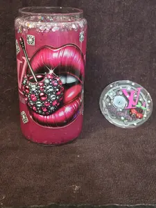 16oz Glass Pink Glam Cherry Lips Glow in The Dark Snow Globe Tumbler