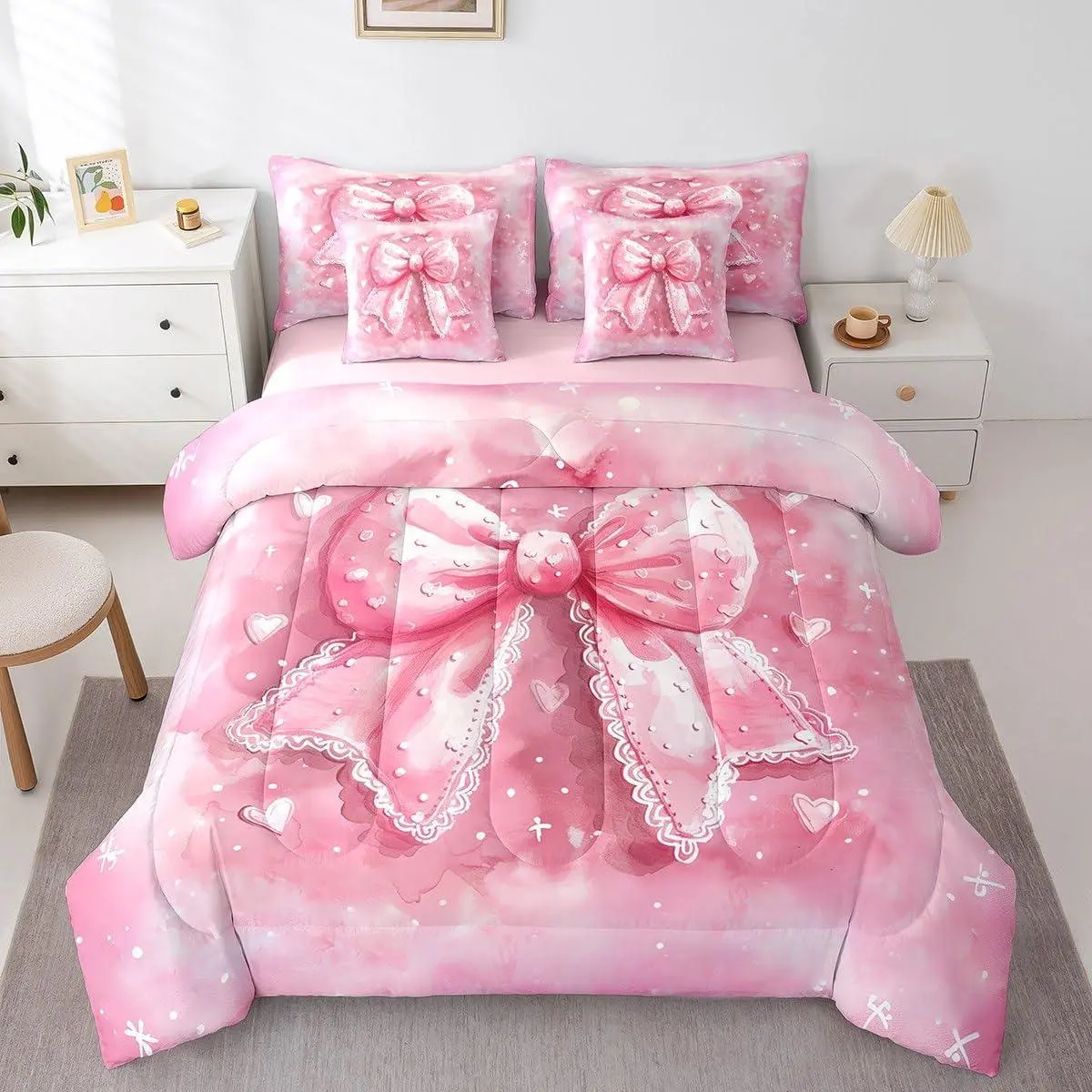 3D Pink Bowknot Comforter Set with Sheets 7 Pieces Kids Cute Bow Bedding Set for Boys Girls Teens Kawaii Dreamy Princess Tie-dye Pattern Bed in a Bag Room Decor