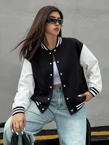 Women's Colorblock Baseball Jacket Top, Casual Fitted Long Sleeve Button Front Coat, Casual Fashionable Jacket, Fall & Winter Fashion Outerwear