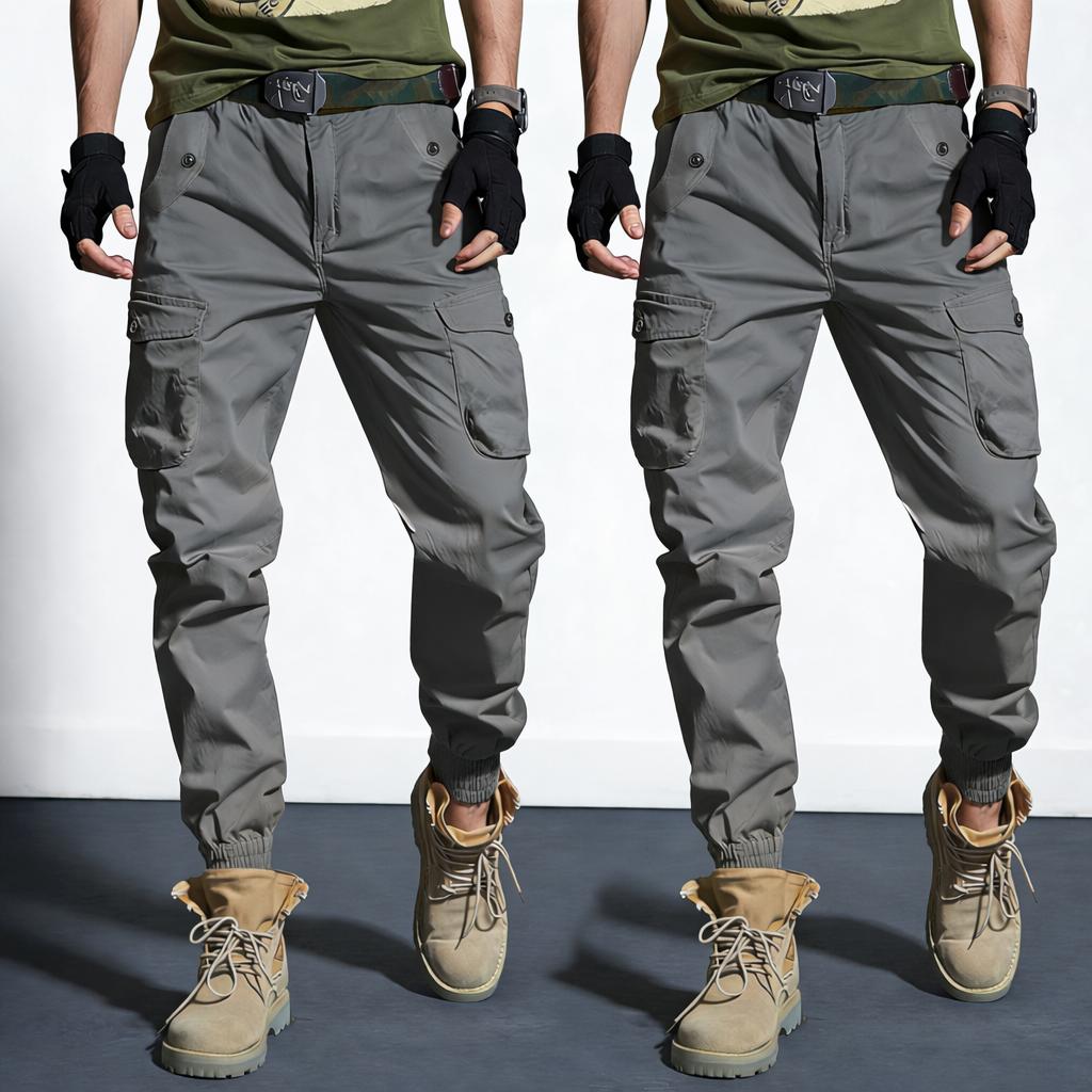 Two-pack: woven plain fabric and solid-color men’s cargo pants featuring an elastic waistband with drawstring, a loose straight tapered fit, multiple pockets including large pockets—ideal for everyday casual wear and work, perfect for cargo outfits and ou
