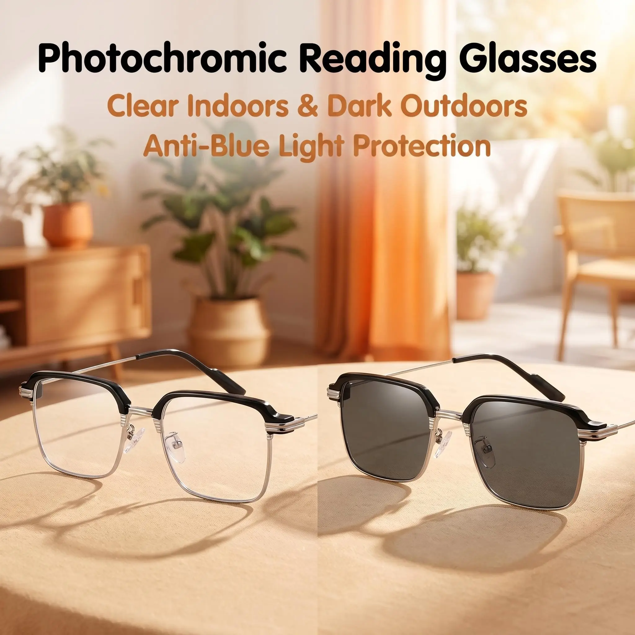 Progressive Multifocal Reading Glasses with Auto Focus Photochromic Transition Lens for Men or Women Anti Blue Light Blocking Computer Screen Eyeglasses Anti Glare Smooth No-Line Readers for Clear Far Near Vision Practical Useful Gifts for Father Mother