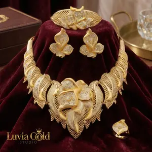 4Pcs Floral Statement Jewelry Set for Women, 18 K Gold Plated Sparkling Rhinestone Necklace Earrings Bracelet Ring for Bridal Wedding Party Banquet Daily Wear, Mother's Day Birthday Anniversary Gift Luvia Gold Studio