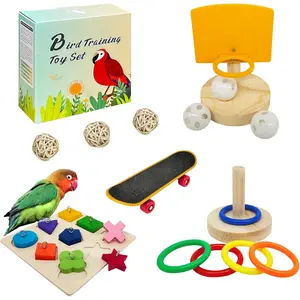 Bird Toys For Parakeets,5pcs Parrot Toys Set (Include Bird Basketball Toy,Bird Skateboard,Bird Stacking Toy,Parrot Wooden Block Puzzles Toy,Small Sepak Takraw),Parakeet Toys,For Bird Training Toys12 Colored Wooden Beads Bird Swing