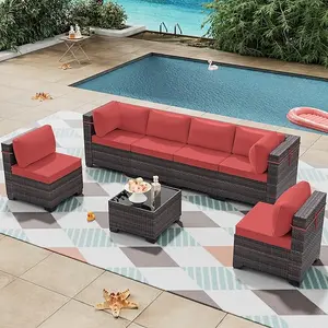 [3 packages delivery] Modern Outdoor Wicker Sofa Set PE Rattan Sectional 7 Pieces Patio Furniture - Brown All-Weather Conversation Set for Porch, Pool Deck, Garden Lounge