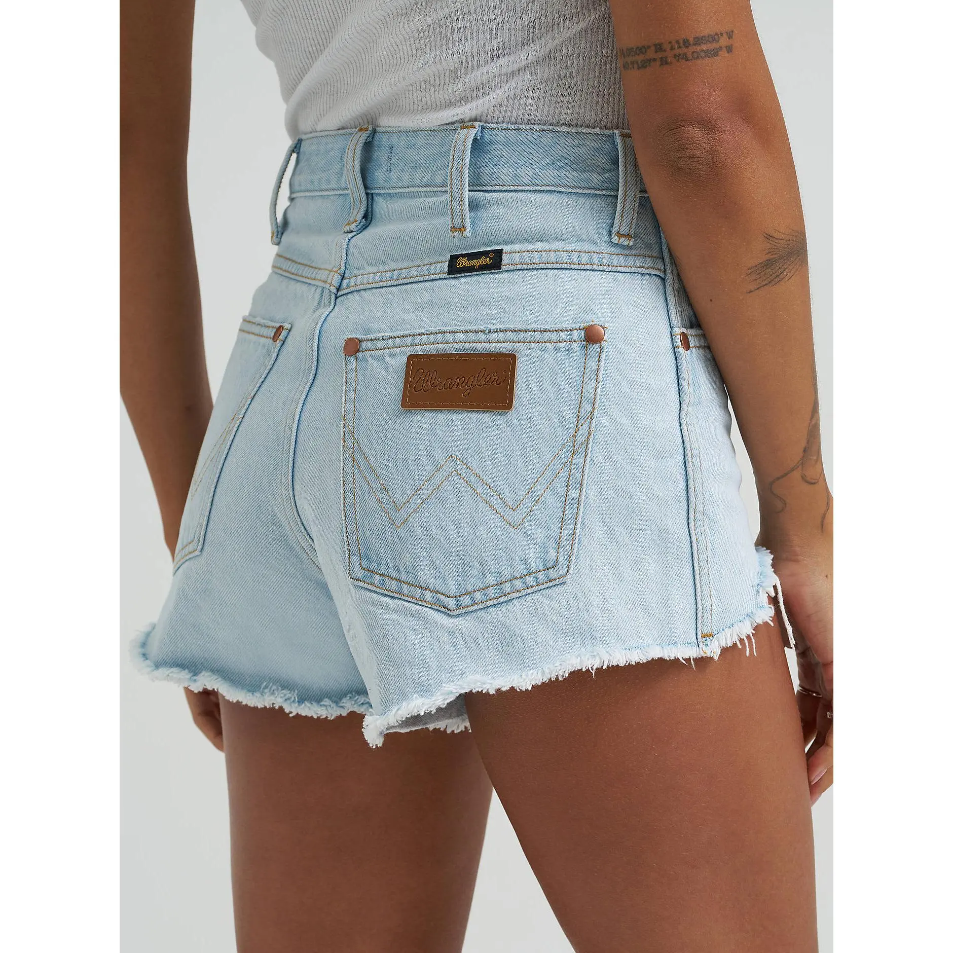 Wrangler Cowboy Cutoff Distressed Bleach Shorts, Fit, Lady, Jorts For Women, Bottoms, Jean Shorts, Western Clothes, Slim Fit, High Rise, Raw Hem, Bleached Wash, Cotton, Denim