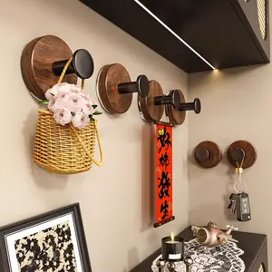 Walnut Wood Suction Cup Hook No Drilling Door Back Hanging Hook Entryway Hall Bedroom Vintage Style Coat Hat Key Holder Strong Adhesive Wall Mounted Organizer