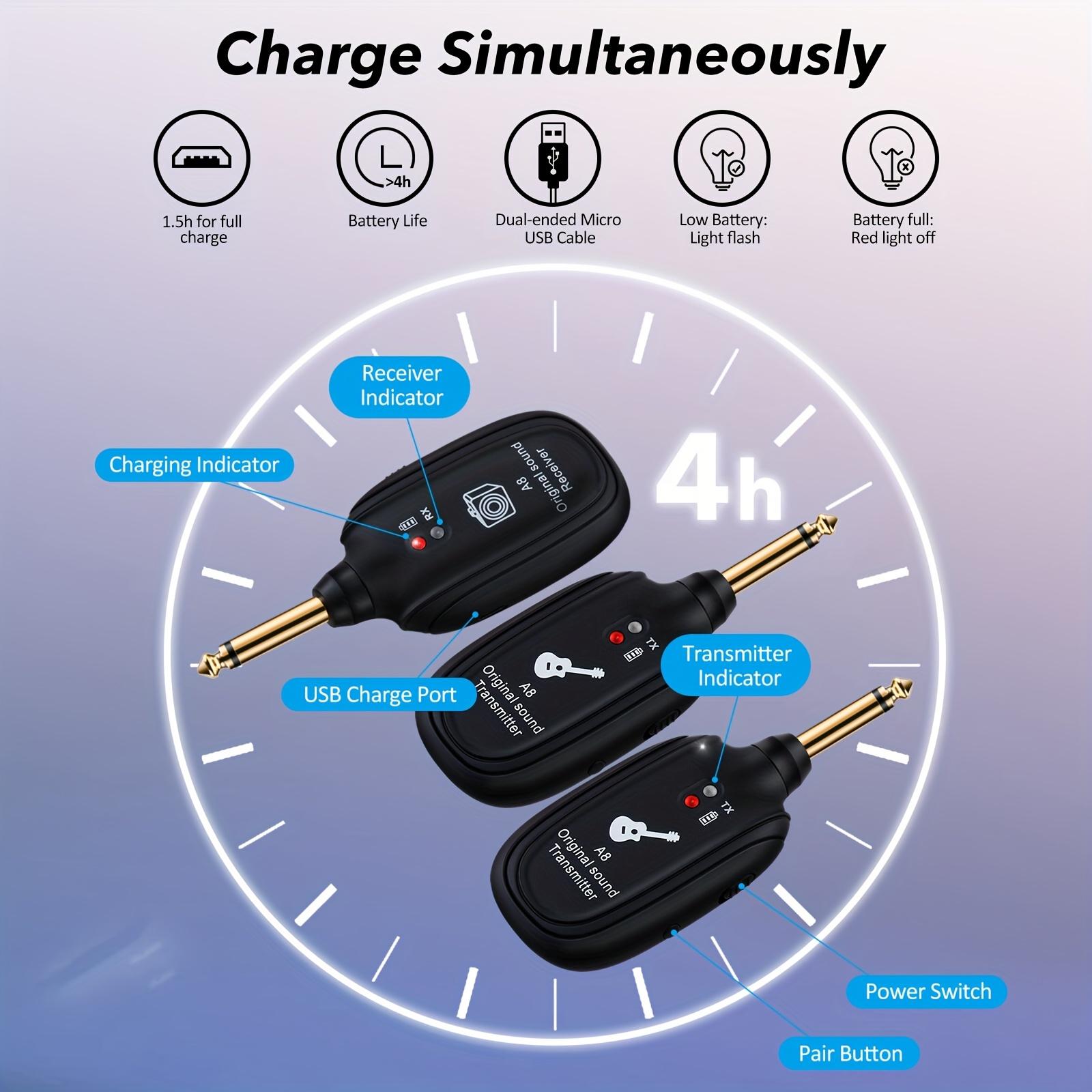 A8 Wireless Guitar System UHF 2 Modes, Rechargeable Li-Battery, 100ft Range, Plug & Play for Guitar, Bass, Violin, Keyboard - Black