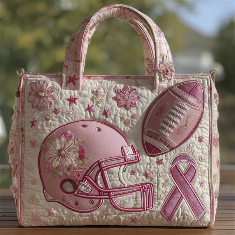 Tote Handbag, Women Pink Football Helmet Floral Art Print Vintage Quilted Polyester Printed Tote Bag, For Game Day Shopping Daily Outdoor Travel Weekend Party, Large Capacity Lightweight Reusable Durable Storage Handbag