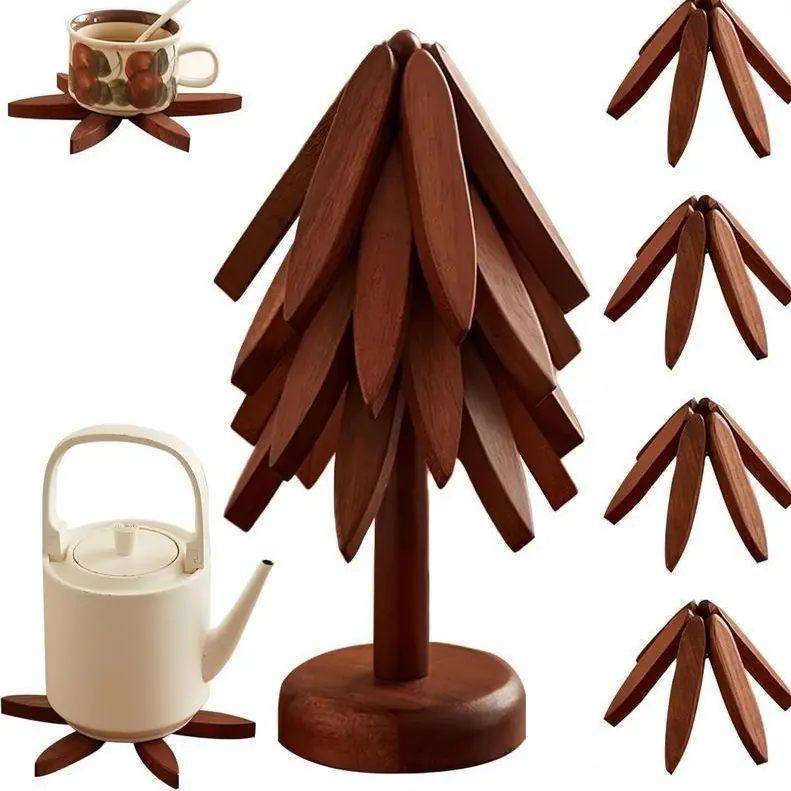4PCS Wooden Foldable Christmas Tree Trivets Set - Sturdy, Lightweight, Non-Slip, Heat-Resistant Tableware Coasters with Storage Stand, Farmhouse Decoration, Countertop Protector, Holiday Gift, Kitchen Accessory