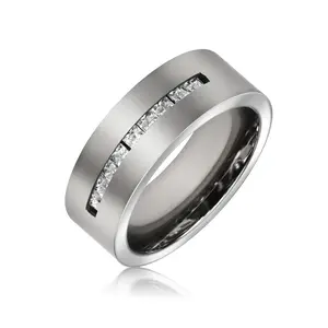 Wide CZ Channel Set Titanium Wedding Band Ring for Men Silver Tone Titanium