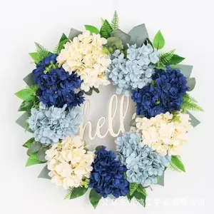Hello Hydrangea Wreath for Front Door, Farmhouse Floral Hoop, Wall & Window Hanging Decor, European-American Style Home Accent