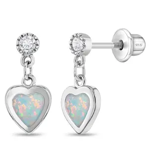 Simulated Opal Heart Dangle Kids / Teen Earrings - Sterling Silver