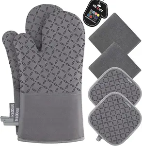 Oven Mitts and Pot Holders 6pcs Set, Kitchen Oven Glove High Heat Resistant 500 Degree Extra Long Oven Mitts and Potholder with Non-Slip Silicone Surface for Cooking (Grey)