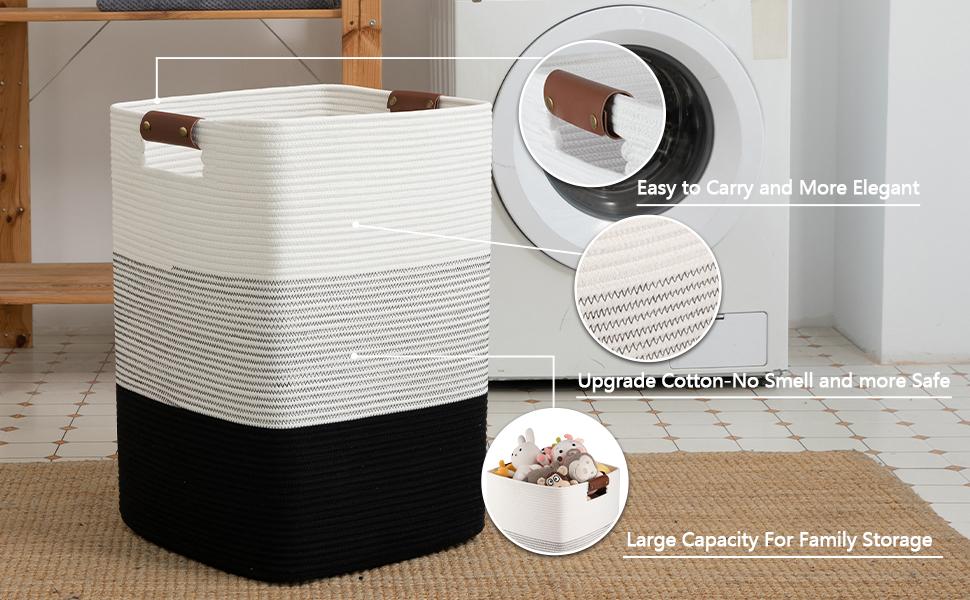 Laundry Hamper 96L Extra Large Laundry Basket, Woven Blanket Basket, Cotton Woven Storage Hamper with Handles for Living Room, Large Baskets for Pillows, Blankets, Clothes-Gradient Black