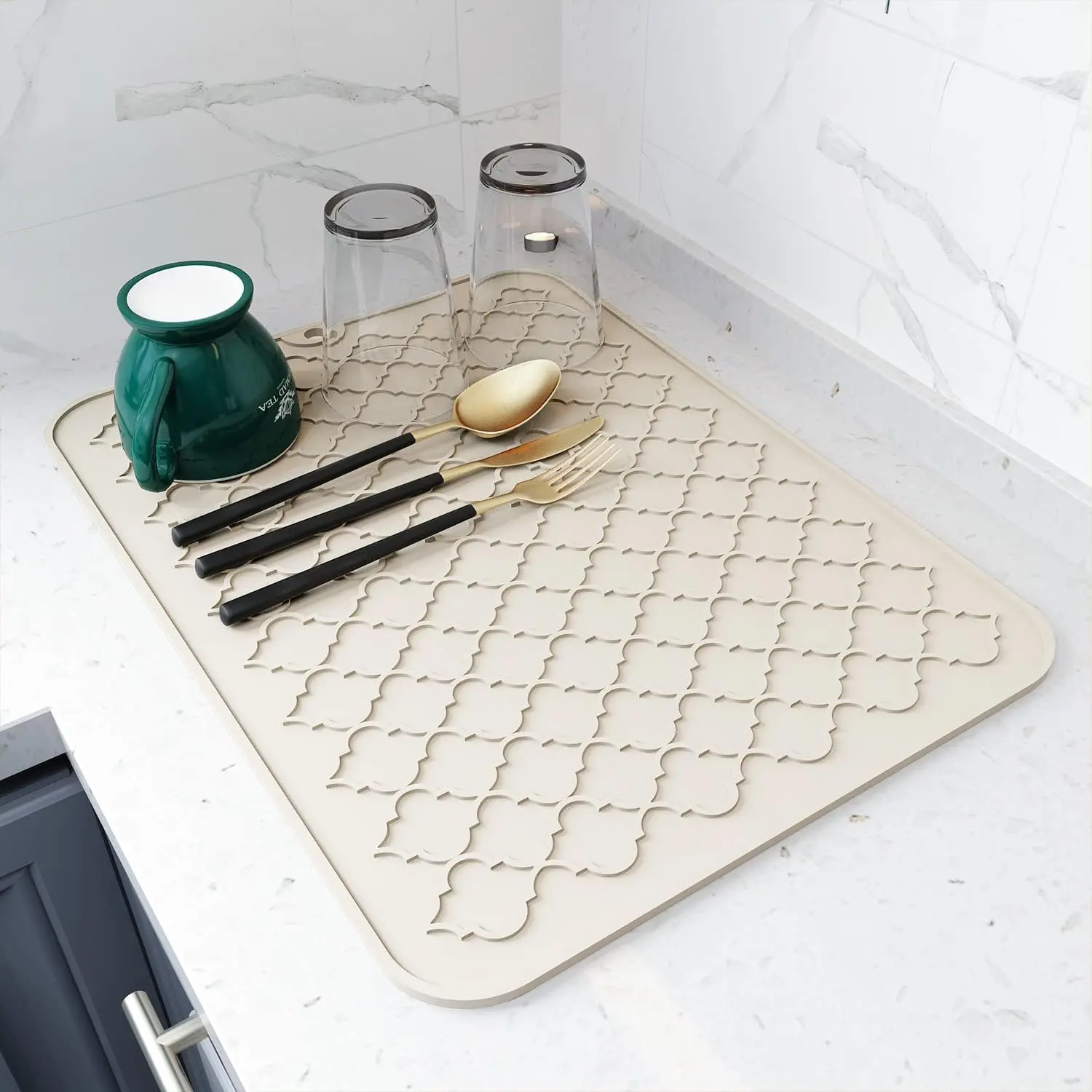 Silicone Dish Drying Mat for Kitchen Counter, Heat Resistant Dish Drainer Pad, Reusable Kitchen Drying Mat, Kitchen Accessories, 12" x 16", Beige