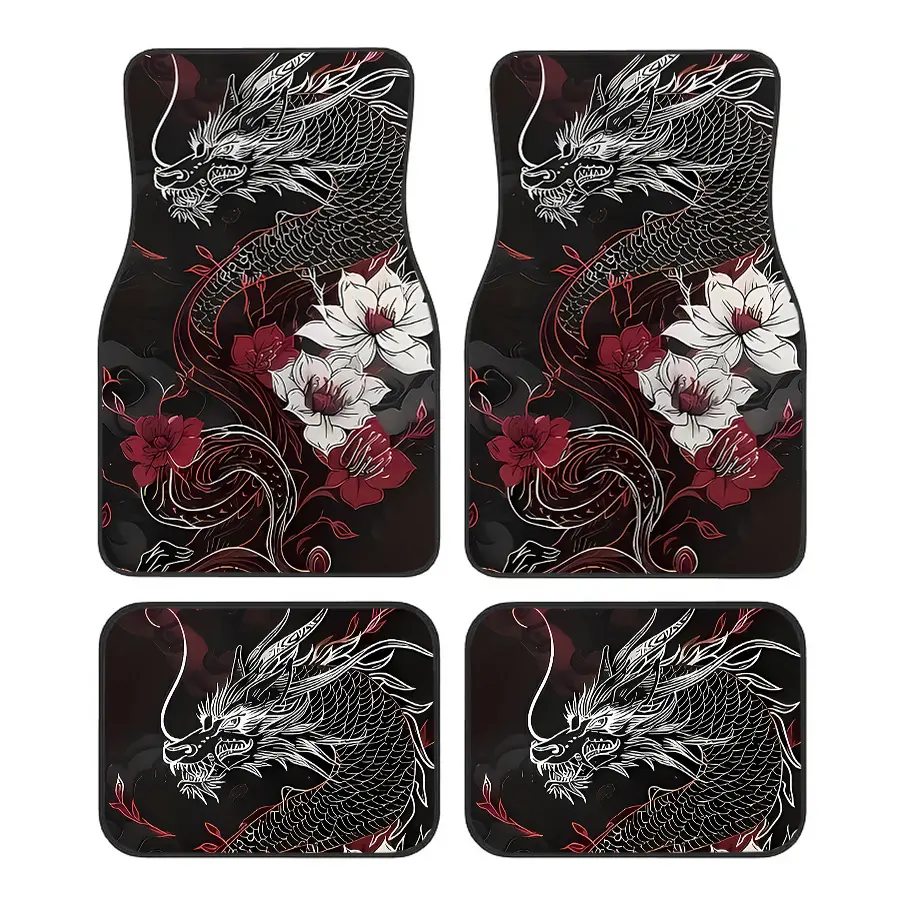4-Piece Dragon Pattern Universal Car Floor Mats, Floor Mats For Car, Fits Sedans Suv Trucks, All-Weather Polyester Fiber Interior Accessories, Unisex Gift, Car Accessory, Car Interior Kit