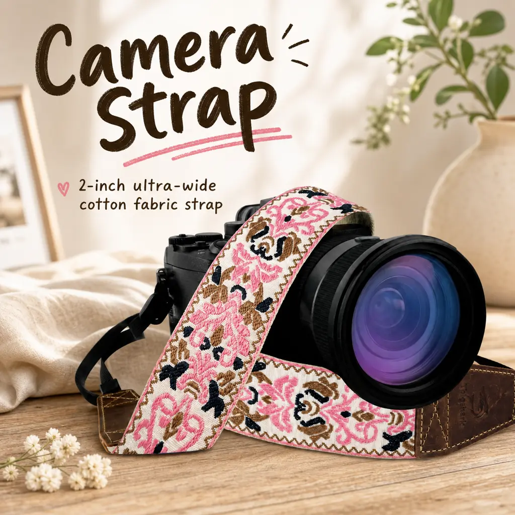 Padded Camera Strap for Photographers - Shoulder, Crossbody & Neck Wear, Quick Release Buckles, Embroidered Cotton & Leather Ends, Universal Fit for All Cameras