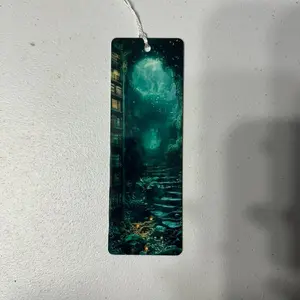 Stone Image Metal Bookmark with Unique Green Nebula Design and String Attachment