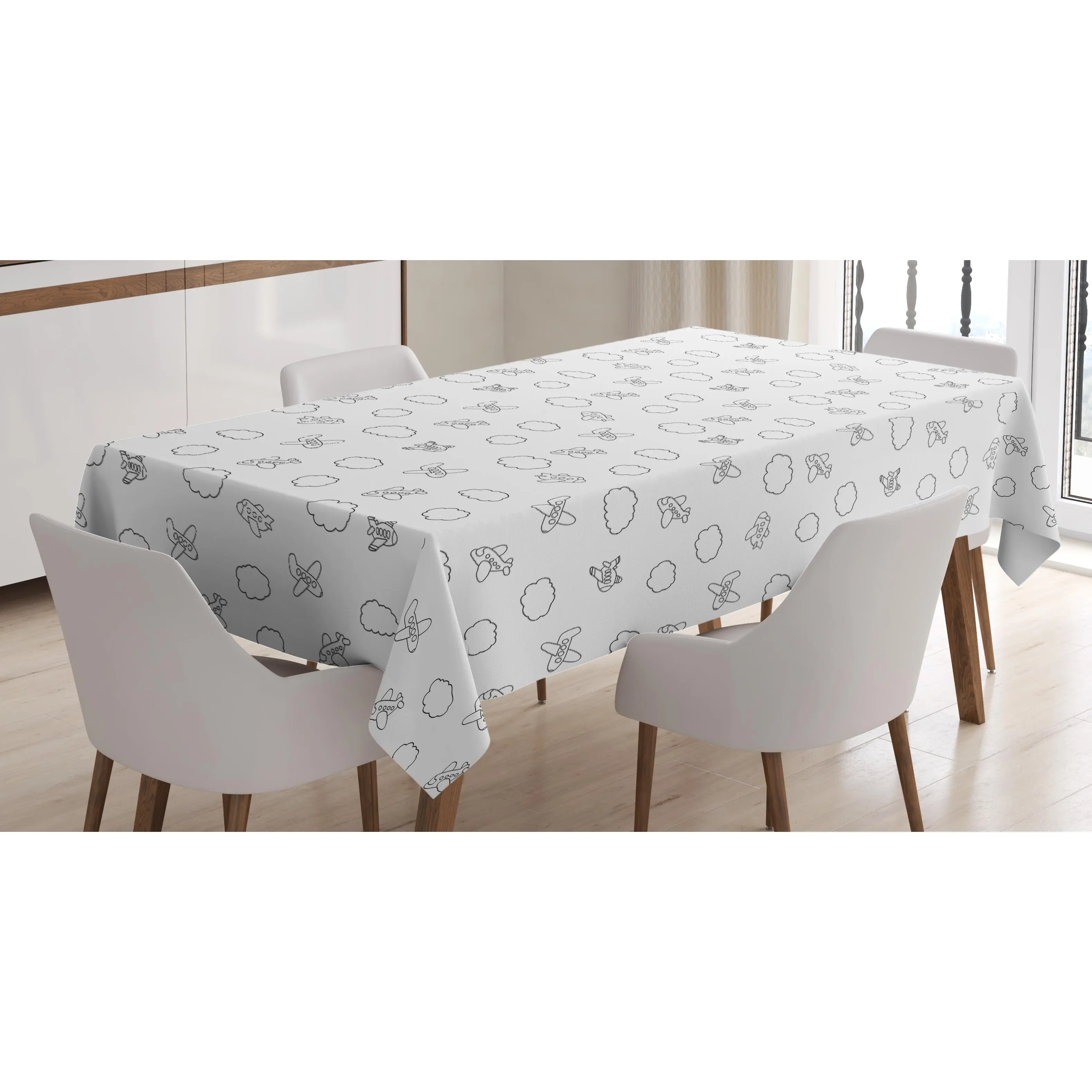 Airplane Tablecloth, Boys Pattern with Little Aeroplanes and Puffy Clouds in Doodle Style, Rectangular Table Cover for Dining Room Kitchen Decor, 60" X 84", Black White